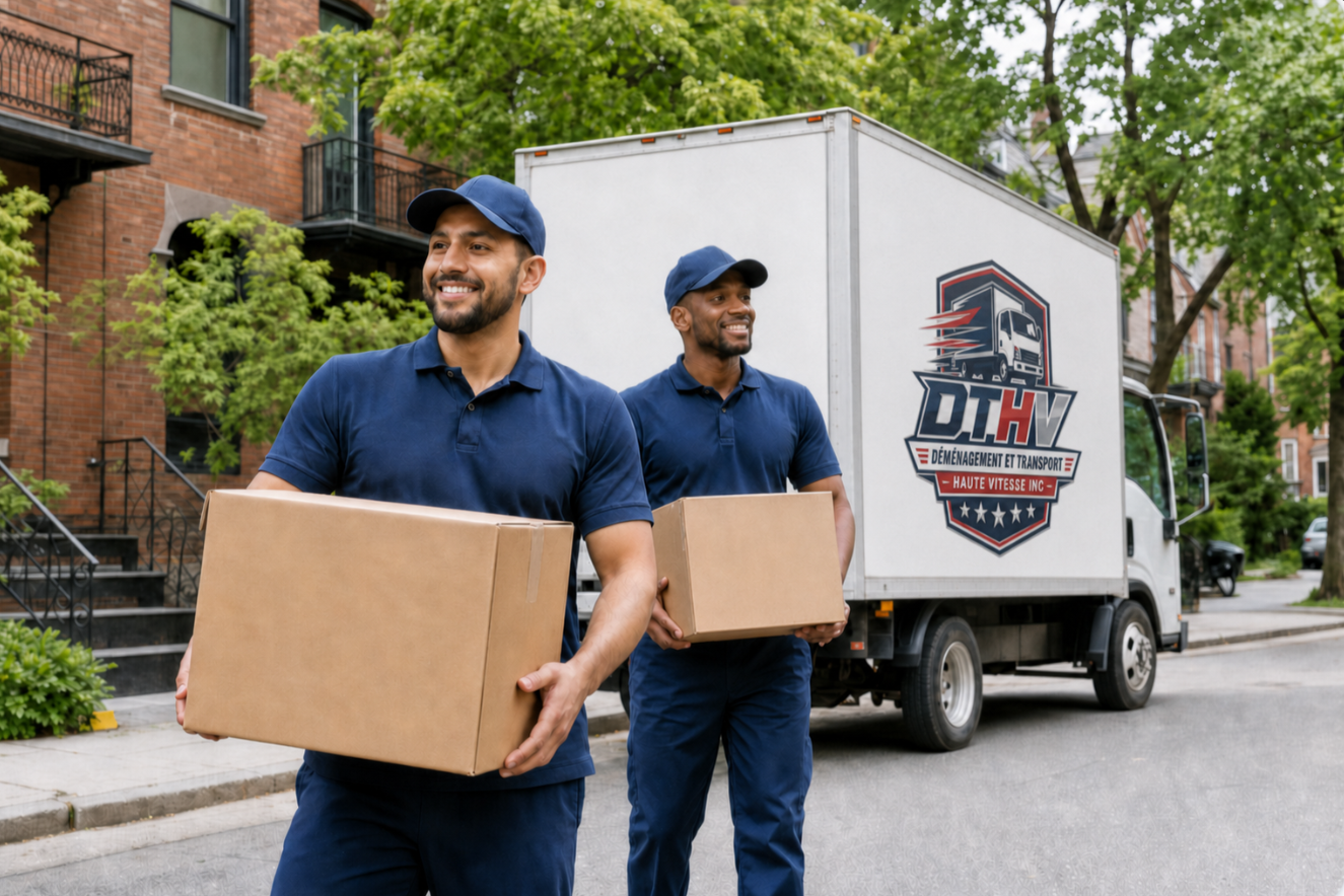 Déménageurs DTHV transportant des boîtes devant un camion
